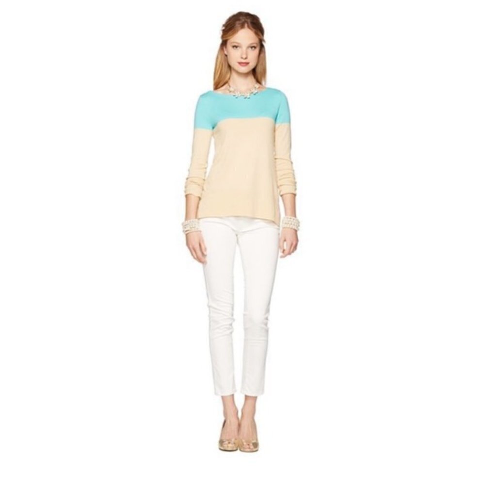 Lilly Pulitzer Debra Sweater Turquoise Blue & Tan Colorblock Long Sleeve Medium